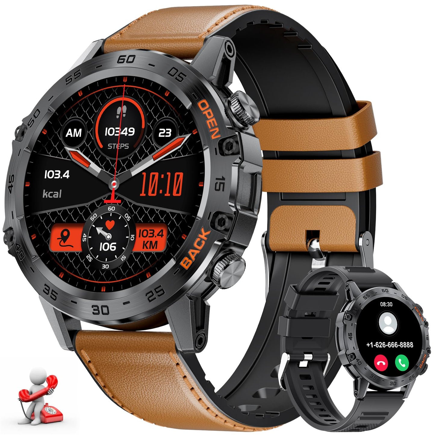 LIGE Men's Tactical Smartwatch 1.39" - Heart Rate, SpO2 Monitoring, 100+ Sports, Leather Band